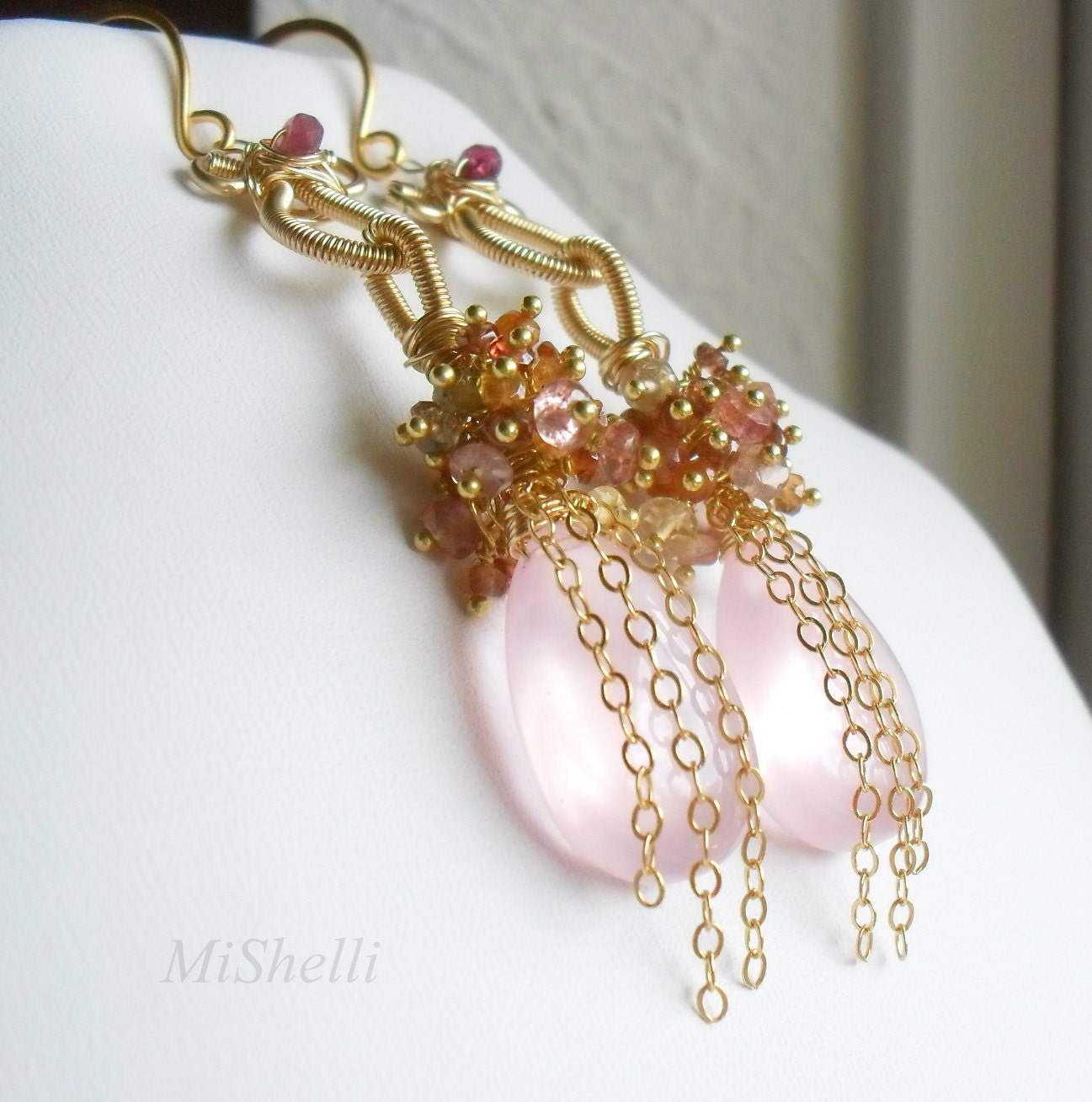 Pink Chalcedony Spinel Gemstone Gold Filled Tendril Elegant Earrings
