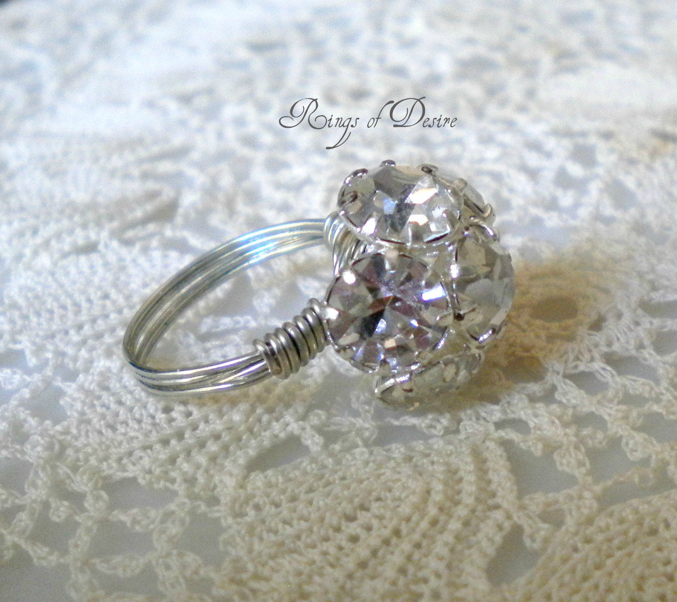 Vintage Button Clear Rhinestone Wire-Wrapped Ring  Custom Sizing