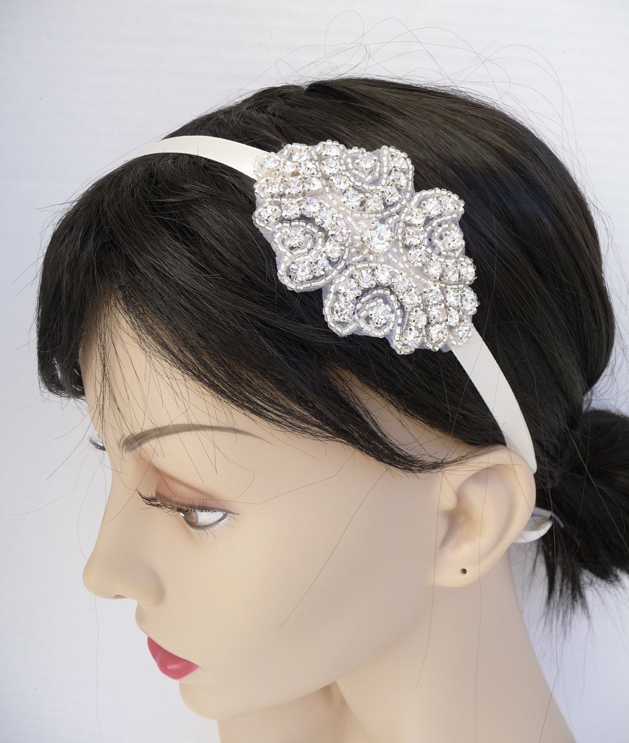 Bridal Rhinestone Headband, Ribbon Headband, Rhinestone Headband