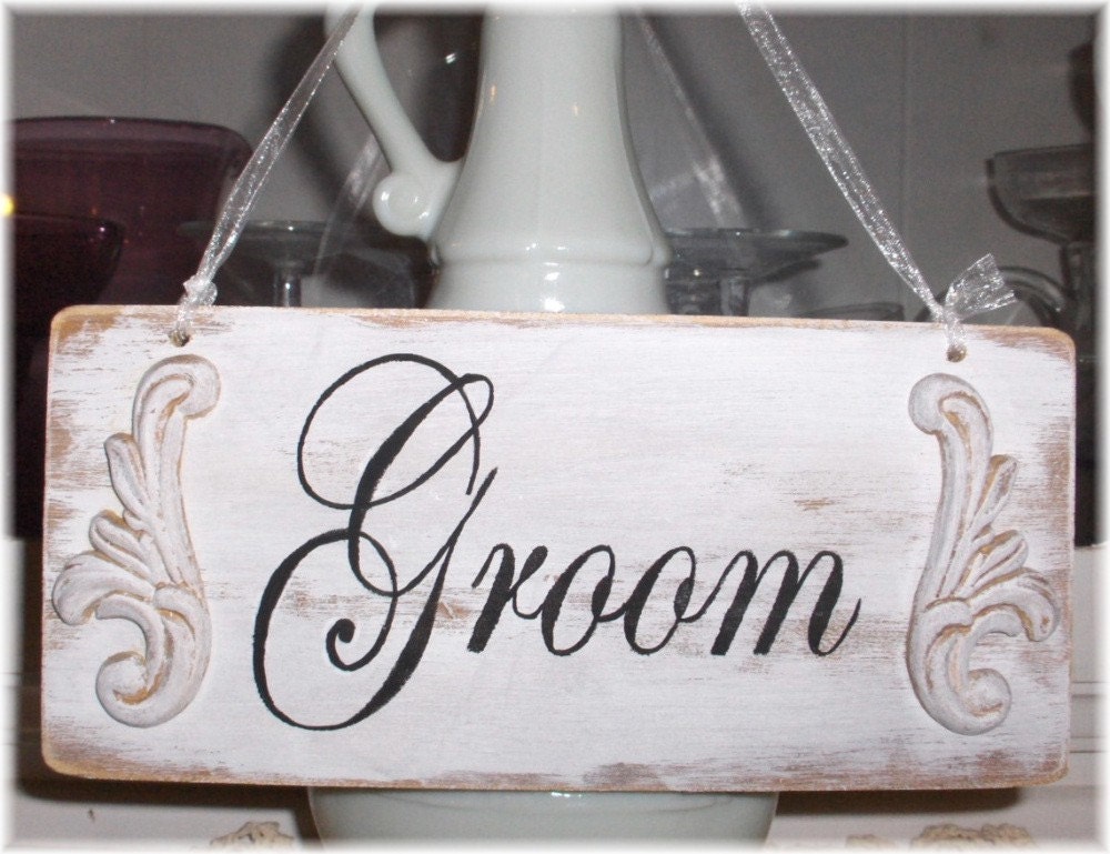Wedding Signs Bride Groom Chair Hangers Set of 2 Wood White Custom Shabby