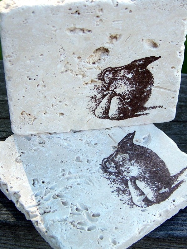 rustic coasters - pears and pitcher - tumbled marble tile