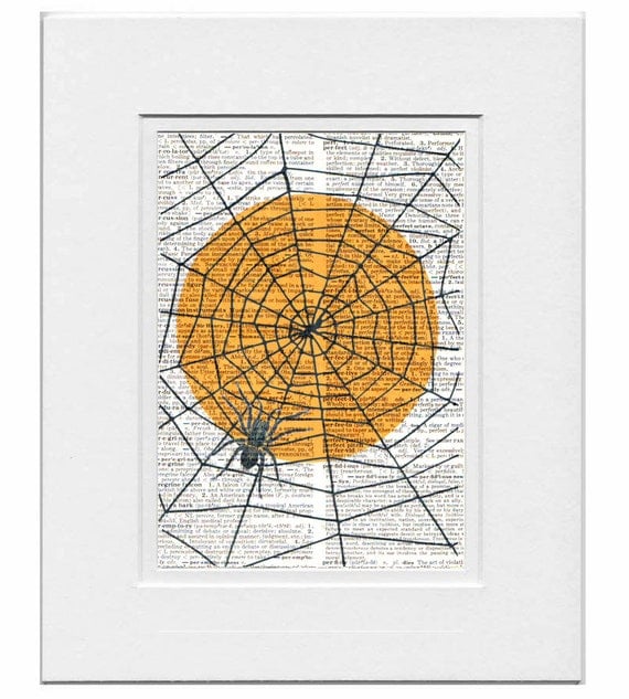 Halloween SPIDER  - ORIGINAL ARTWORK  print over an Upcycled Vintage Dictionary page Book art - Free Domestic Shipping