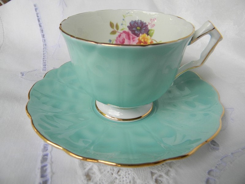 Elegant Teal Blue AYNSLEY Teacup and Saucer