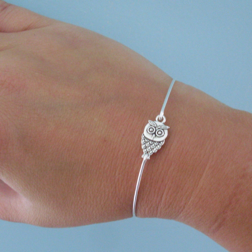 Little Owl Bracelet - Cute Owl Jewelry - Owl Bangle Bracelet, Silver Owl Charm Bracelet, Dainty, Delicate, Thin Bangle