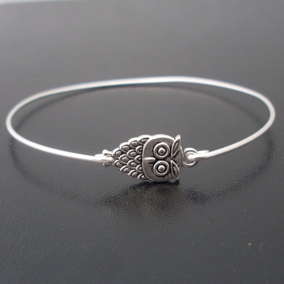 Little Owl Bracelet - Cute Owl Jewelry - Owl Bangle Bracelet, Silver Owl Charm Bracelet, Dainty, Delicate, Thin Bangle