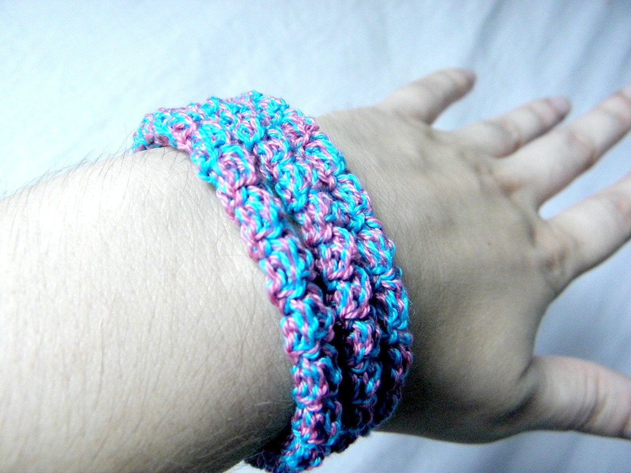 Crochet bracelet made of cotton blue and pink color