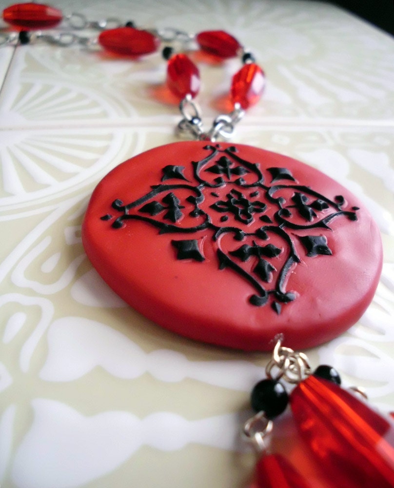 Red and Black Cameo Pendant with Glass Beads