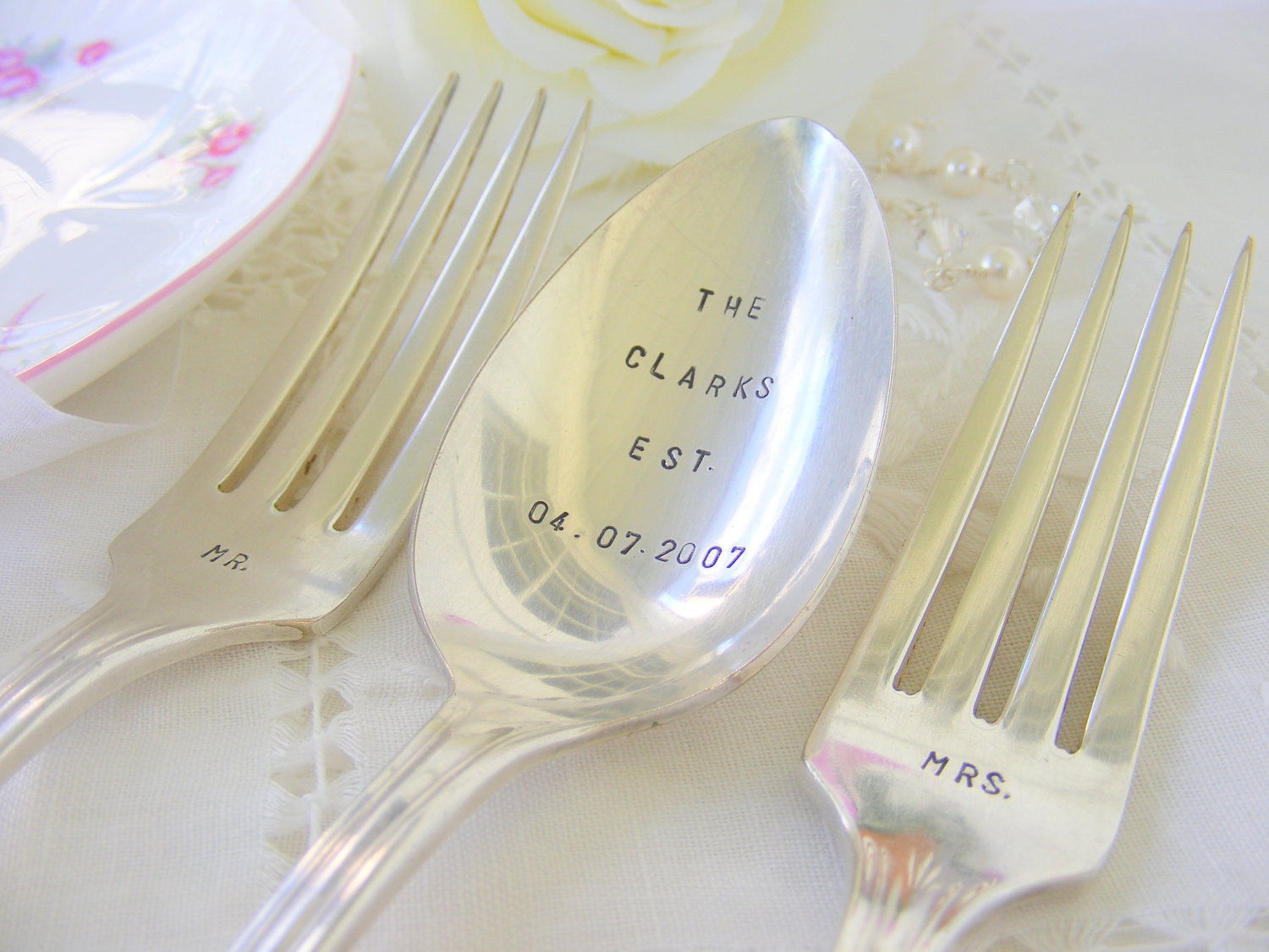 Mr and Mrs Stamped Dinner Forks With Wedding Date Spoon