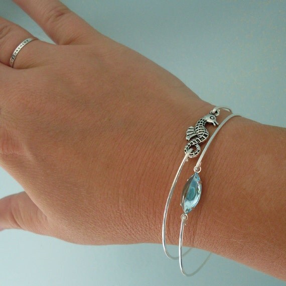 Little Seahorse in the Blue Sea - Ocean Bangle Bracelet Set - Silver Bands - Beach Jewelry