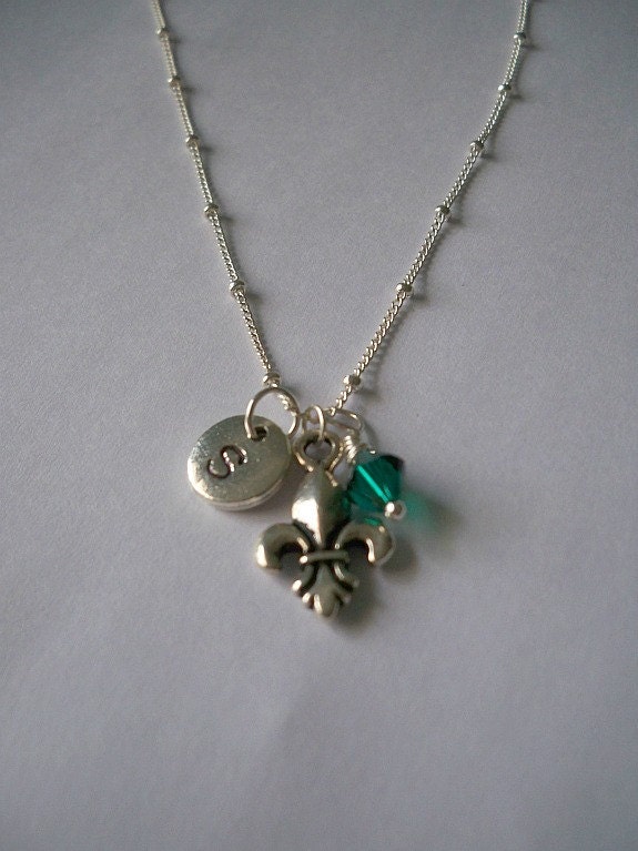Personalized Initial, Fleur de Lis, and Crystal Necklace- Hand-stamped