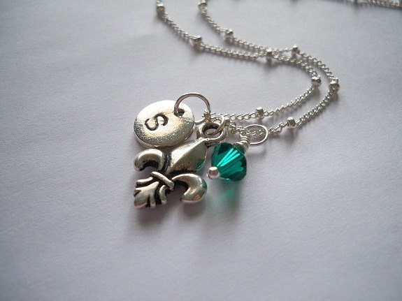 Personalized Initial, Fleur de Lis, and Crystal Necklace- Hand-stamped