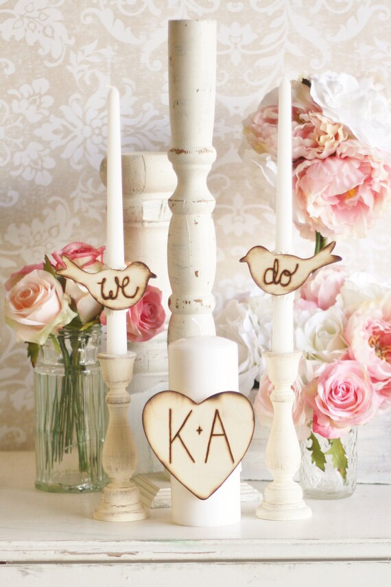 Unity Candle Set With We Do Love Birds And A Personalized Wood Heart Rustic Chic Wedding Decor By Morgann Hill Designs