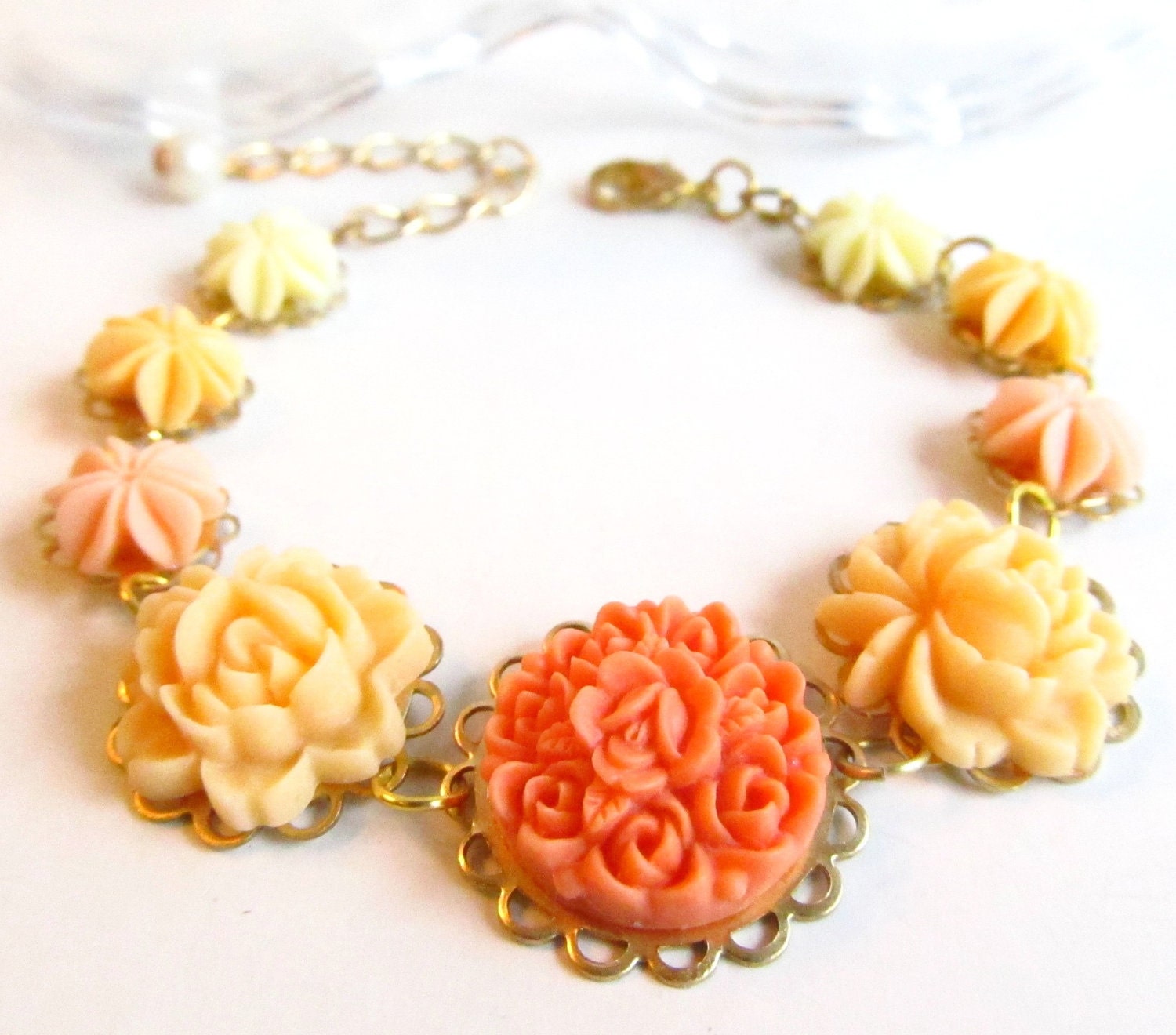 Flower Bracelet, Orange N Yellow, floral bracelet, resin flowers, gold plated settings