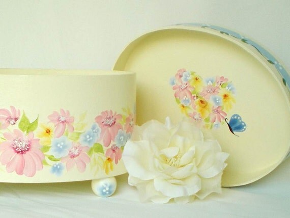 Hand Painted Decorative Hat Box - Storage Kitchen Bath Vanity Babys Room - Colorful Daisies White Polka Dots, Distinctive Oval Large Shape