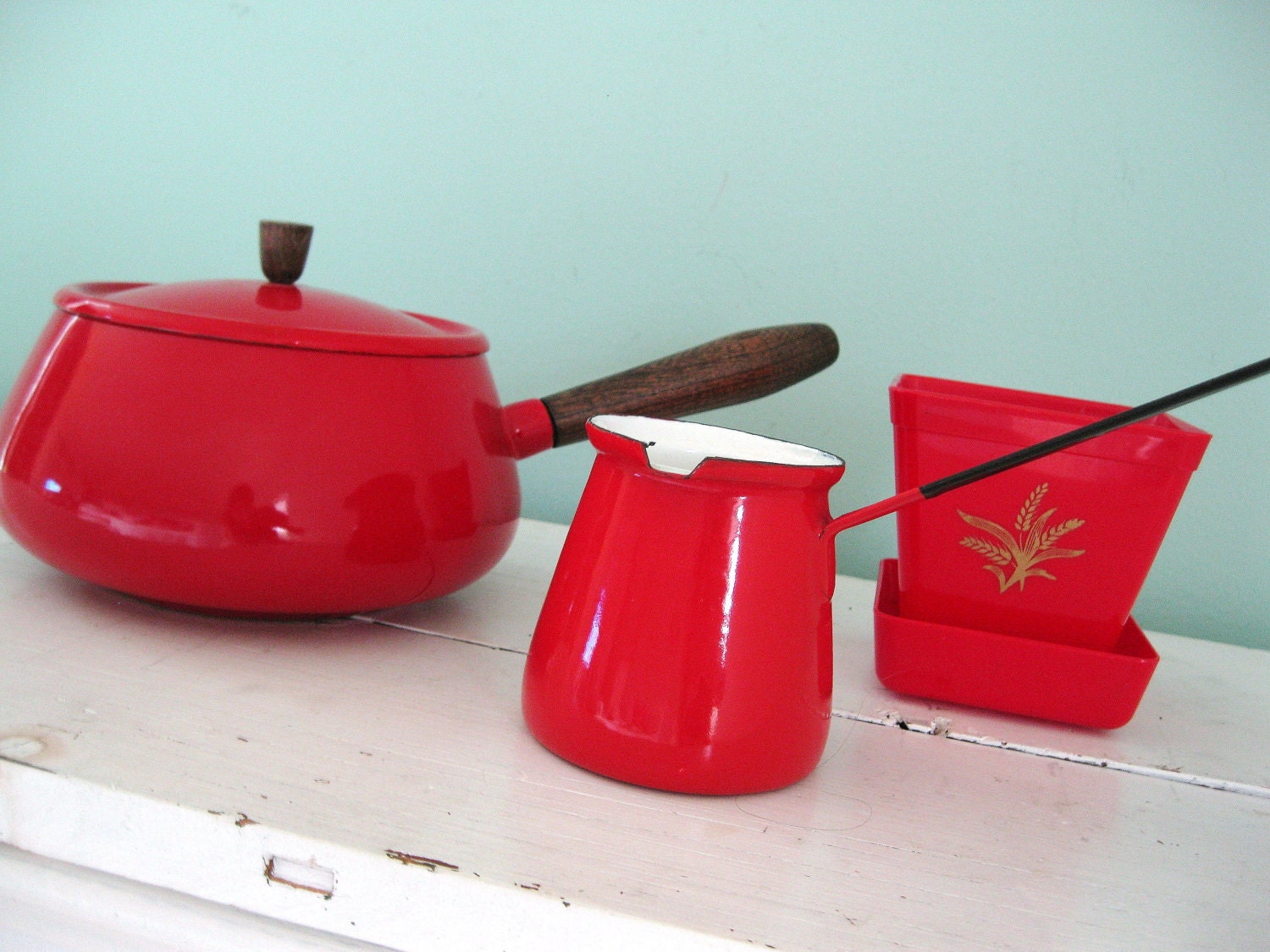The Red Collection... Vintage Red Enamelware Cooking Saucepan Pot with Lid, Turkish Pot and Planter