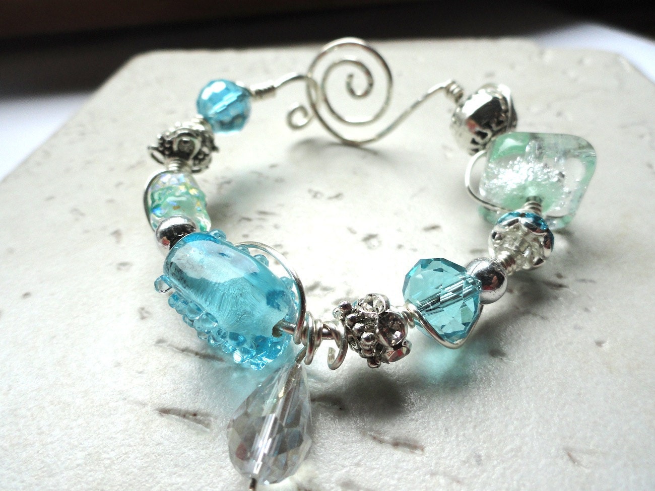 Aqua Blue Sparkle Lampwork Dichroic Bead Wire Wrapped Bracelet