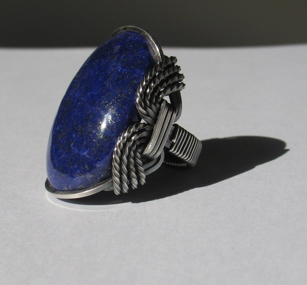 Blue Lapis Lazuli Ring - Huge Gemstone Wrapped in Gray Oxidized Sterling Silver Wire - All Sizes