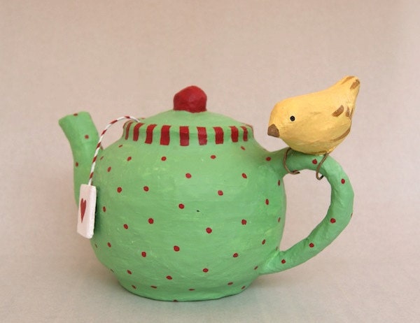 Paper mache Teapot with birdie