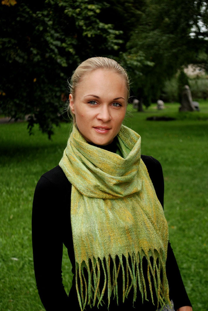 Felted Olive green wool woman scarf / wrap / cobweb/ evening shawl / Fall fashion / autumn