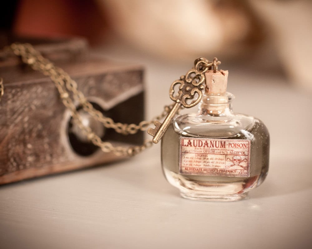 Laudanum / Poison Bottle Necklace with Skeleton Key - Small Apothecary Labeled Bottle