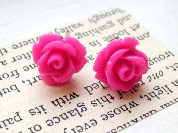 Hot Pink Rose Stud Earrings