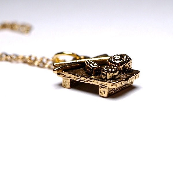 Small Sushi Plate Platter gold plated pewter charm Necklace on a delicate gold plated chain