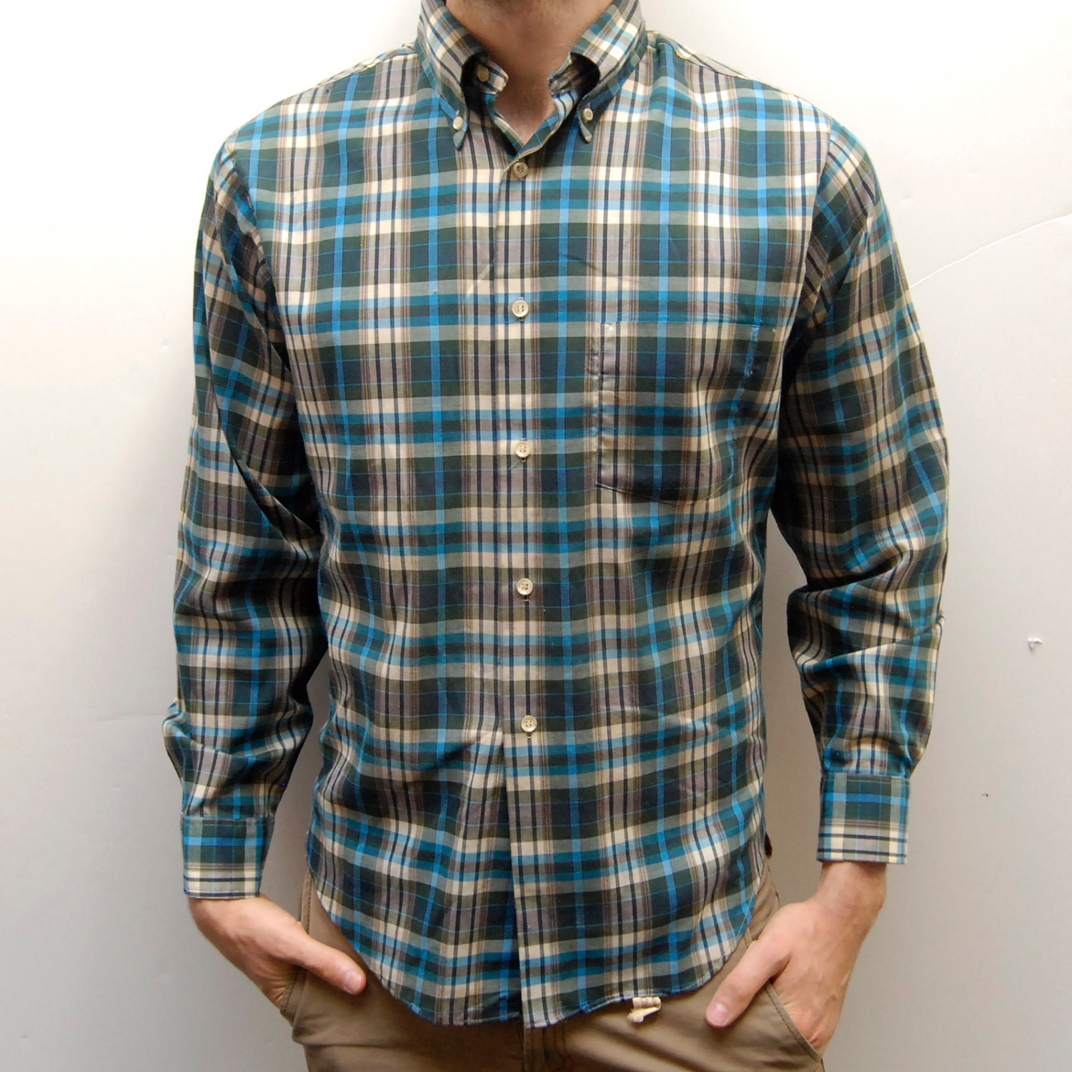 VIBRANT PLAID 60s long sleeve TURQUOISE  button up shirt