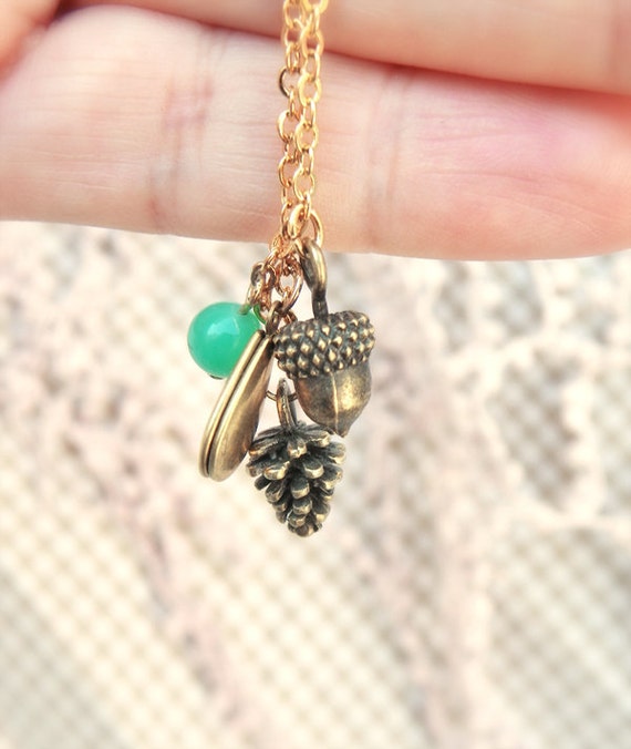 Necklace -Woodland- Vintage brass locket, acorn, pine cone, green glass bead, rustic, nature, fall inspired
