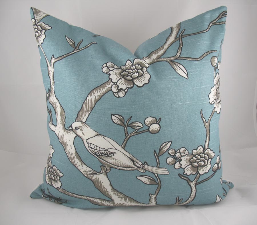 Decorative Pillow Cushion Cover - Accent Pillow - Throw Pillow - Dwell - Vintage Blossom Azure, Teal, Branch - 20 x 20 inch