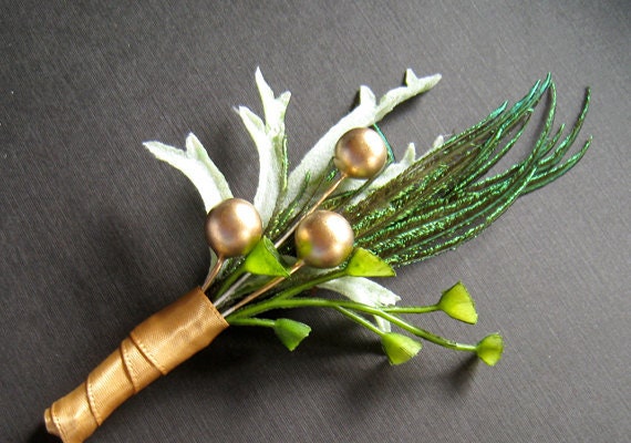 Wedding boutonnieres feather boutineers rustic green gold From Rationale