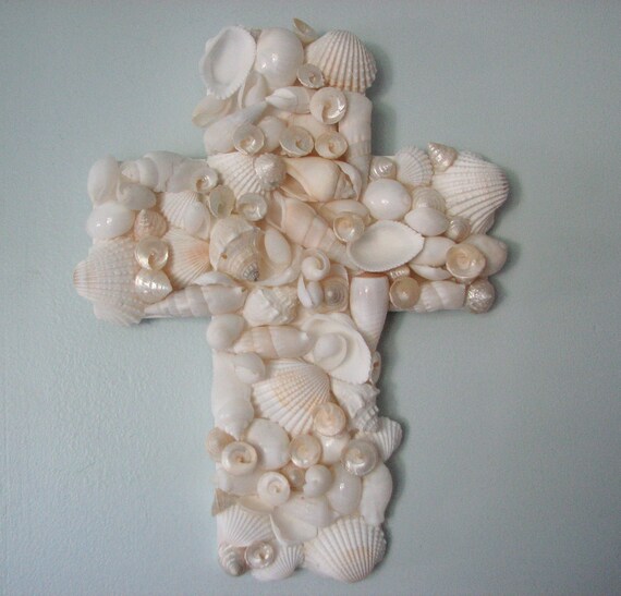 Пляж Декор Seashell Креста - Shell Креста для декора стен, религиозным Белый