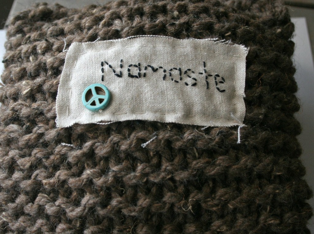 Handknit Pillow in Barley with word Namaste....peace, home decor, shabby chic, inspirational