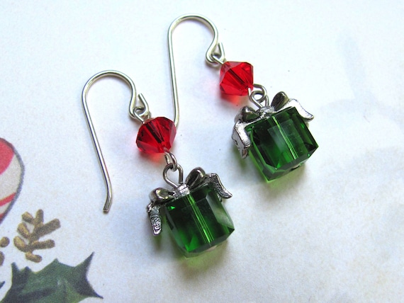Holiday Present Earrings - Holiday Earrings Swarovski Crystals Pewter Bow Sterling Silver