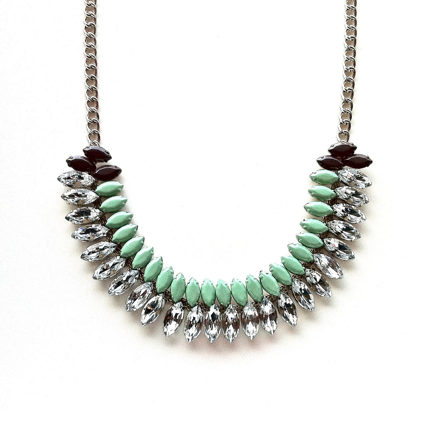 Mint Green and Mushroom Hand-painted Crystal Necklace