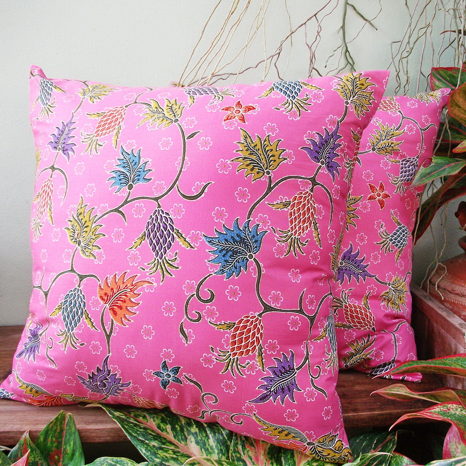 Pink Floral Authentic Javanese Batik sofa Throw decorative pillow cushion covers 18 inches