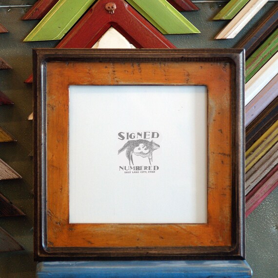 8x8 Picture Frame with Super Vintage Orange Finish in Vintage Dark Wood Tone Double Cove Build Up - SAME DAY SHIPPING