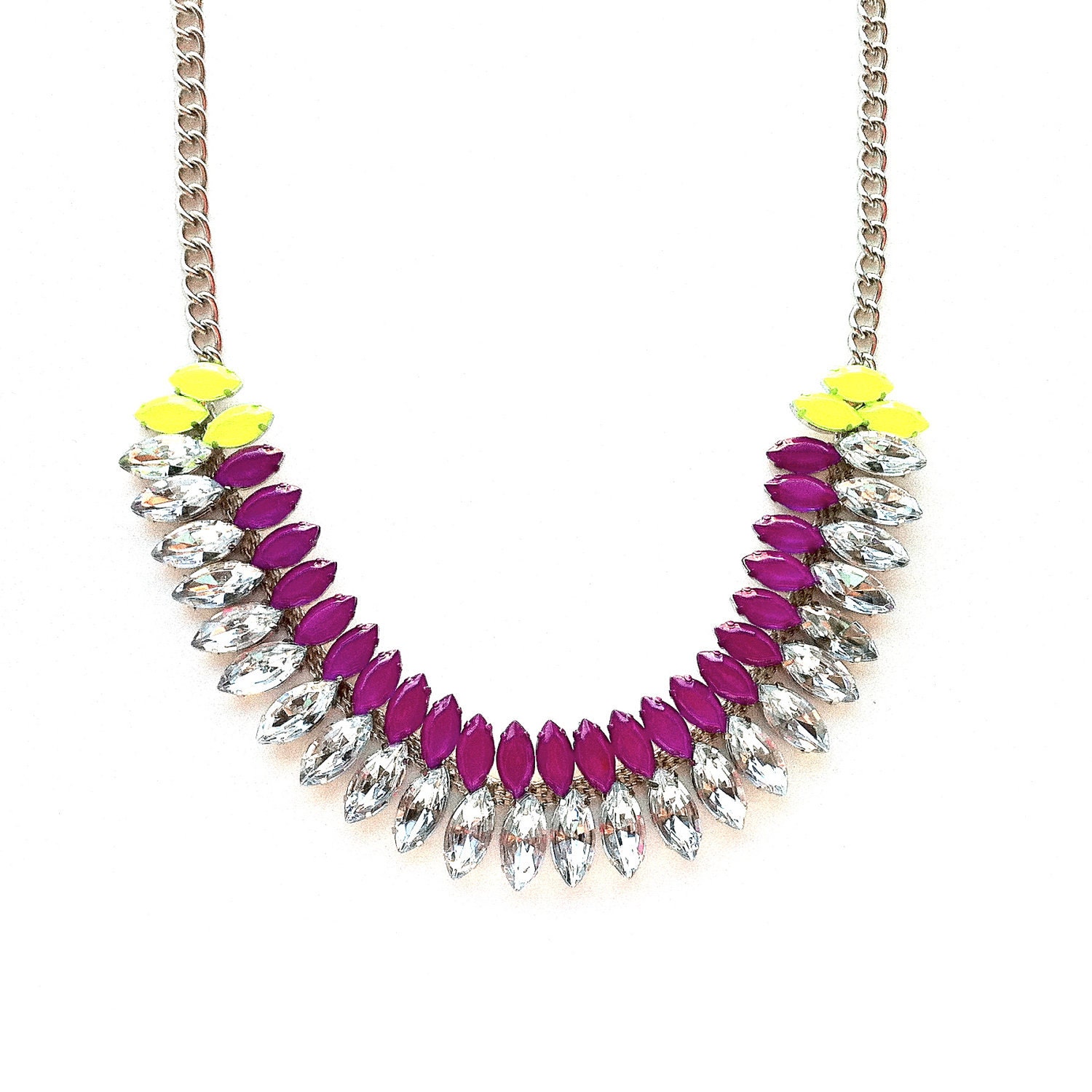 Neon Purple and Neon Yellow Hand-painted Crystal Necklace