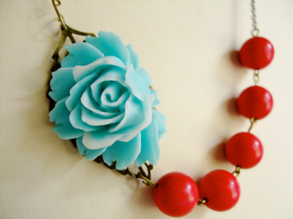 Aqua with White Flower & Red Turquoise Stone Necklace,Bridesmaid Bridal Gift,Marcy Ann(Free matching earrings)