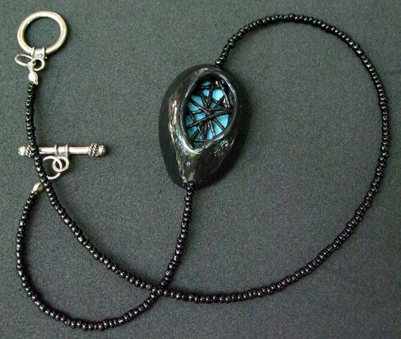 Beaded Necklace with Polymer Clay Pendant - Licorice Fluff