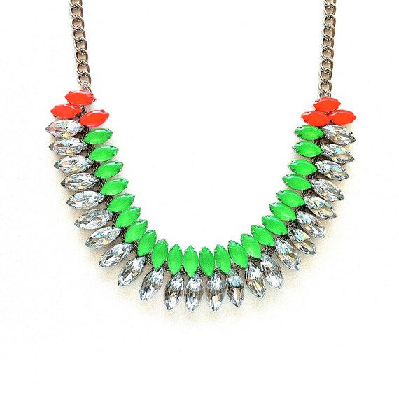 Neon Green and Neon Orange Hand-painted Crystal Necklace