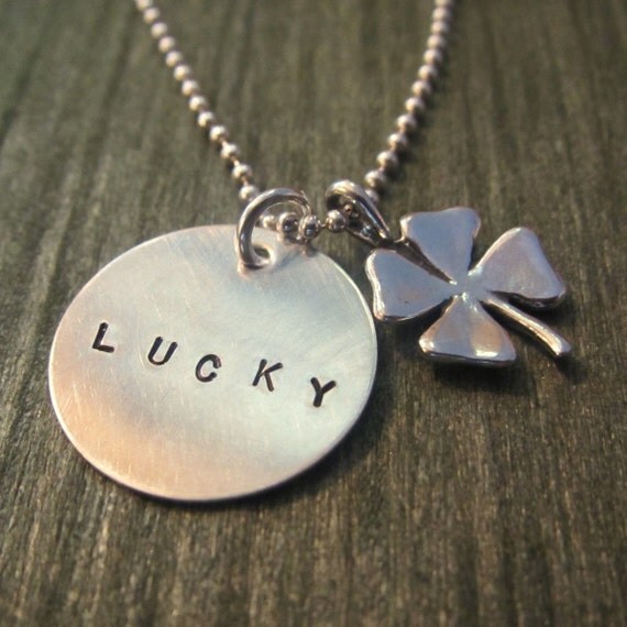 Lucky 4 Leaf Clover Handstamped Necklace - with 3/4" Hand Stamped Disc