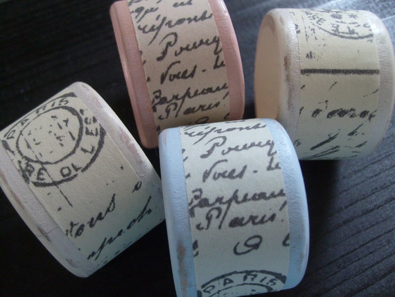 Shabby chic french napkin rings,8, with french text, postmarks,in cream, pale blue, robin's egg blue, ballet pink
