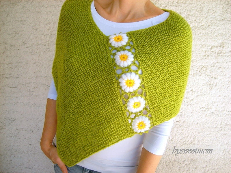 Knit Green Poncho Shawl  with Daisy Flowers Shrug Cape Capelet  Spring Fashion