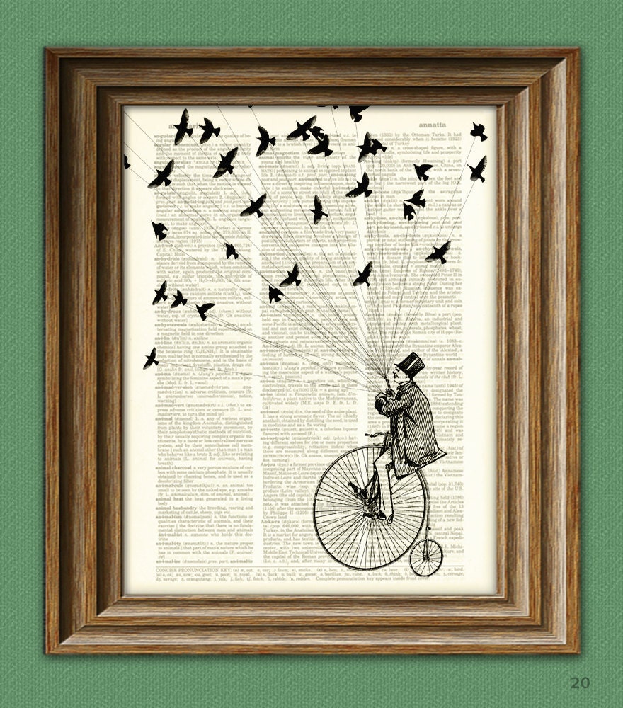 Steampunk Bicycle Art Print 'The Sparrow Thief' Victorian Man on Penny Farthing Bike with birds illustration upcycled dictionary page book
