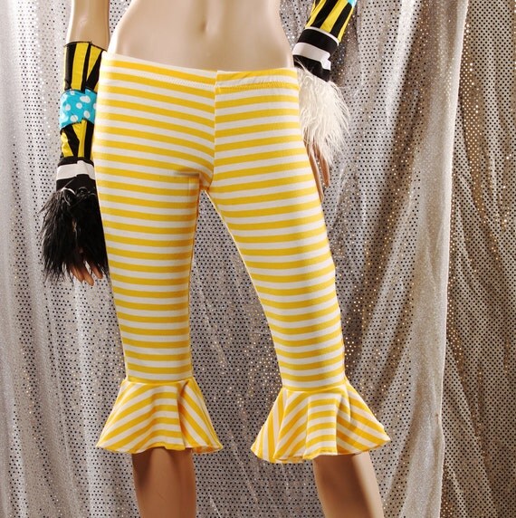Stripe Bloomer Pants lemon Yellow white Carnival knickers, Knee length soft lightweight Stretch Cotton, Yoga. Small Medium