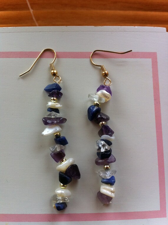 mother of pearl, amethyst, quartz beaded stone earrings