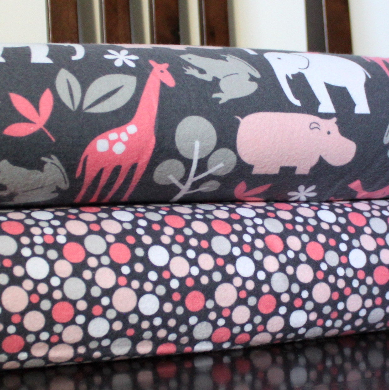 Pink and Grey Jungle Animal and Dot Flannel Blanket Bundle, 2 Yards