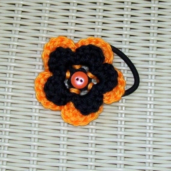 Pontytail Holder Crocheted Flower Pumpkin & Licorice