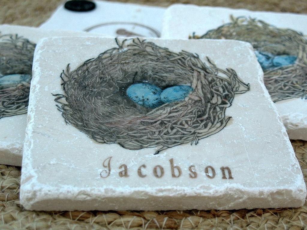 Bird Nest Tile Coasters, Robin's Egg, Set of 4, Personalization Available