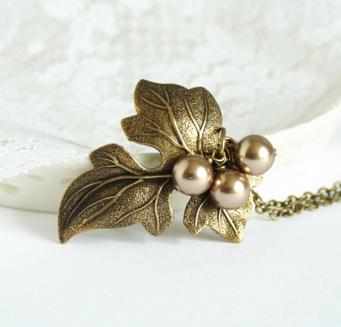 Brass Necklace - Maple Leaf Necklace with Bronze Pearls  - Gorgeous Autumn Jewelry
